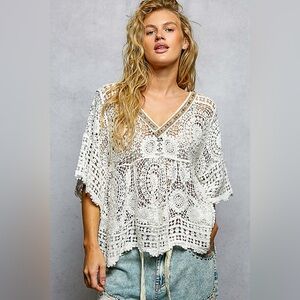 POL V-Neck Crochet Top with Scalloped Hem 10010065639